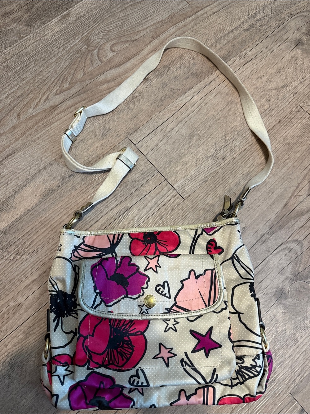 Coach Cream Crossbody with Pink and Purple Floral Print
